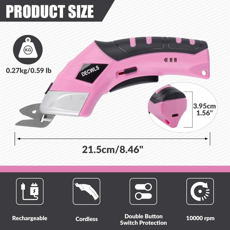 Decwls Cordless Electric Scissors for Fabric with 3 Type Blades, 4V Rechargeable Cardboard Scissors, Powerful Shears with Safety Lock Suitable, Cutting Tool for Carpet, Fabric, Cardboard, Leather-Pink - Image 2